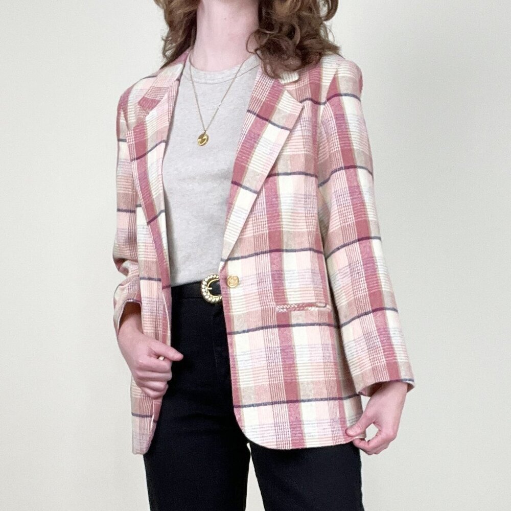 Vintage Plaid Knit Oversized Blazer Coat Suit Jacket Barbiecore Barbie Preppy